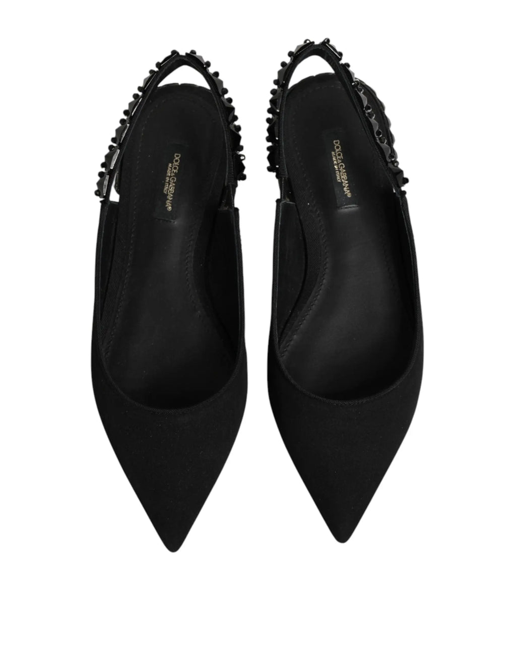 Dolce & gabbana chaussures slingback noires en charmes satin avec bout pointu et détails de perles sur la bride
