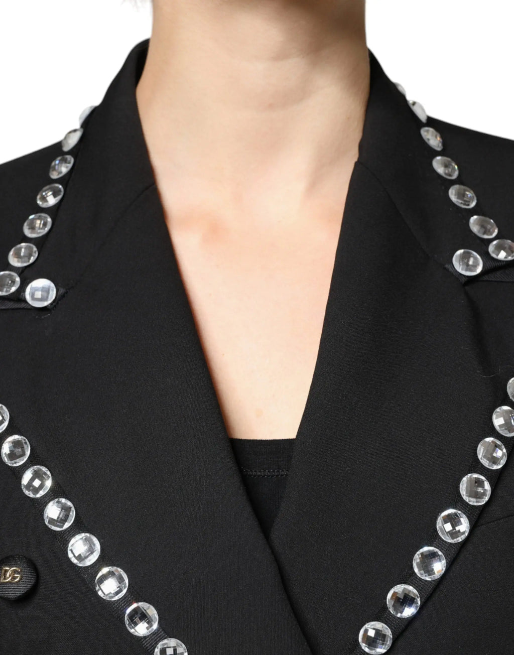 Dolce & Gabbana blazer noir à double boutonnage orné de rangées de cristaux facettés clairs sur le col et les revers