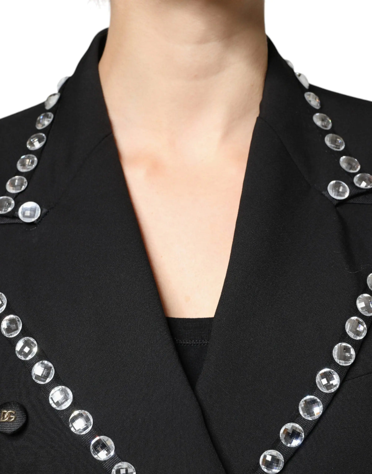 Dolce & Gabbana blazer noir à double boutonnage orné de rangées de cristaux facettés clairs sur le col et les revers