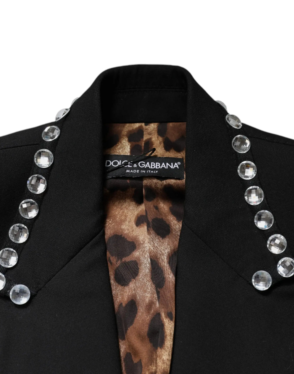 Dolce & gabbana blazer noir avec cristaux argentés sur le col et doublure imprimé léopard