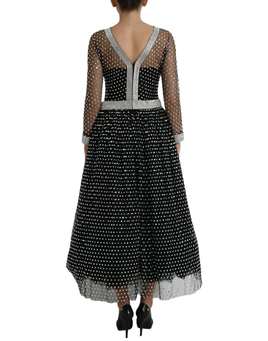 Robe dolce & gabbana noire à pois argentés avec manches longues transparentes et taille assortie en cristal