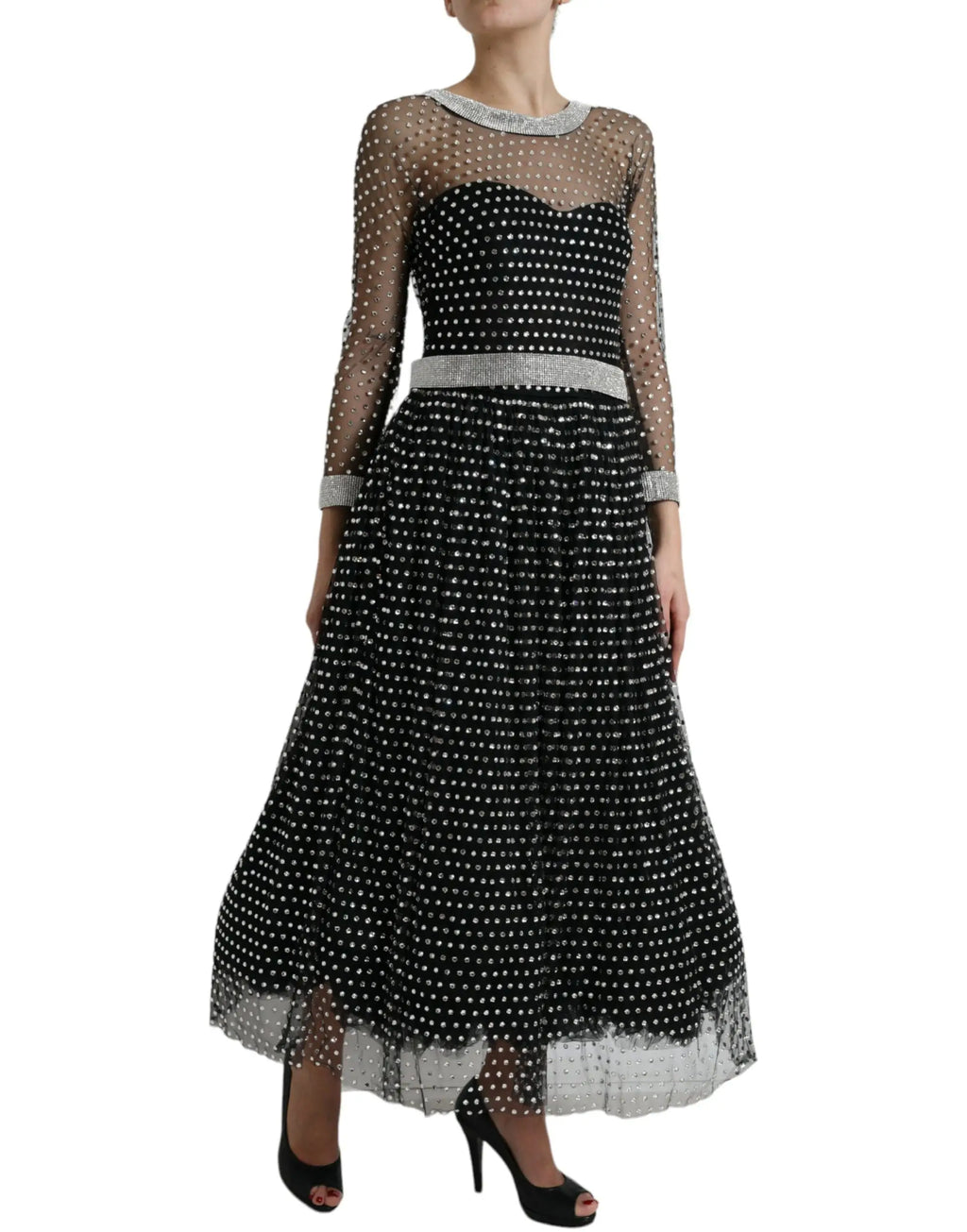 Robe longue a ligne dolce gabbana noire en maille à pois argentés avec encolure, ceinture et poignets perlés