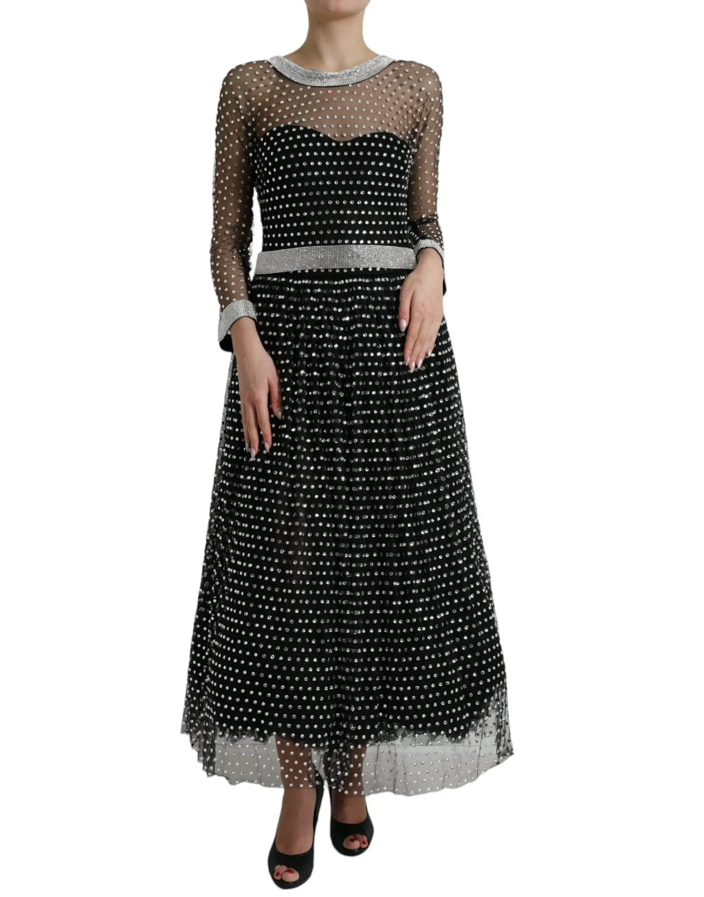 Robe longue noire et argent à pois avec manches en mesh transparent, col perlé et ceinture assortie dolce & gabbana