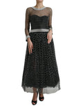 Robe longue noire et argent à pois avec manches en mesh transparent, col perlé et ceinture assortie dolce & gabbana