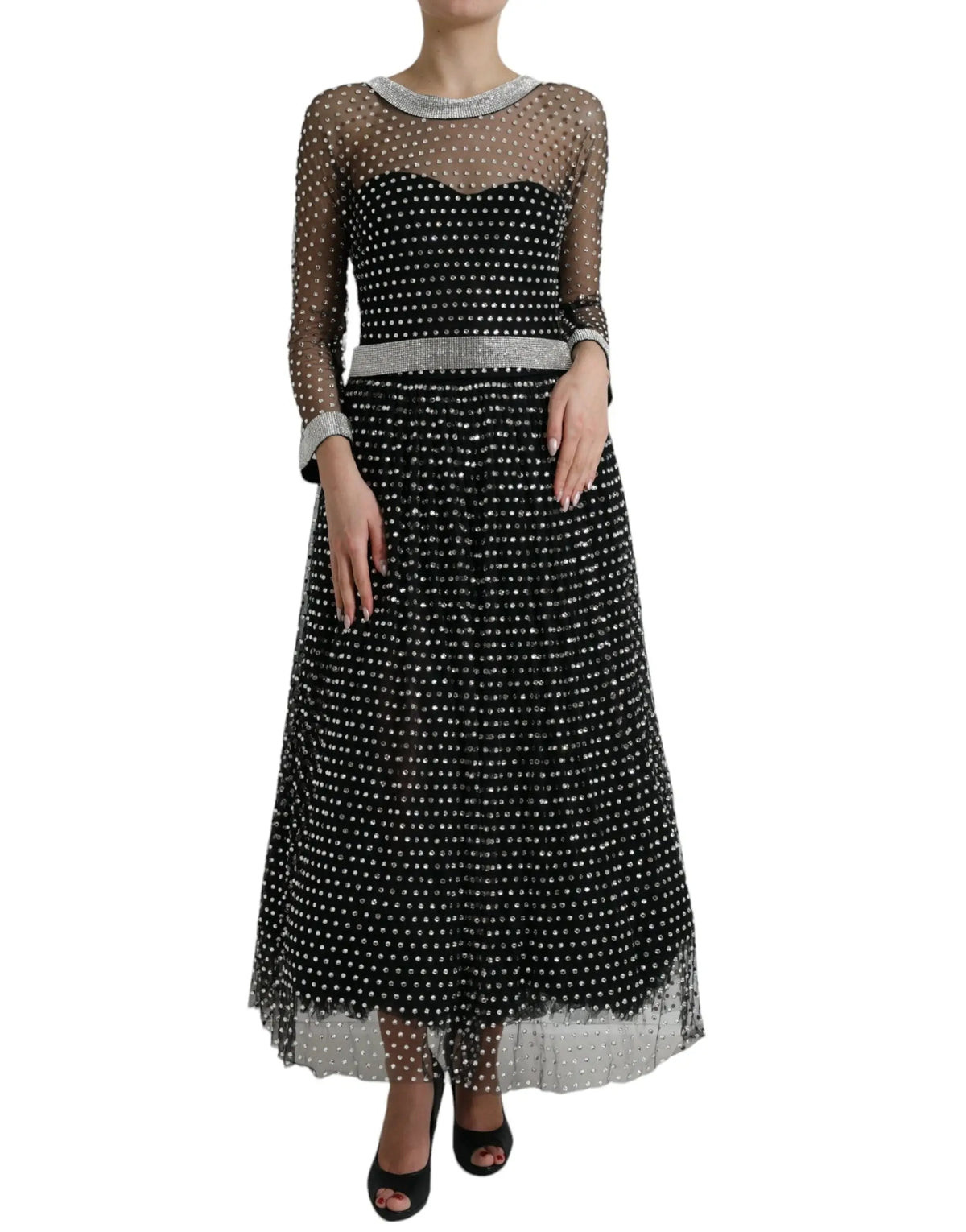 Robe longue noire et argent à pois avec manches en mesh transparent, col perlé et ceinture assortie dolce & gabbana