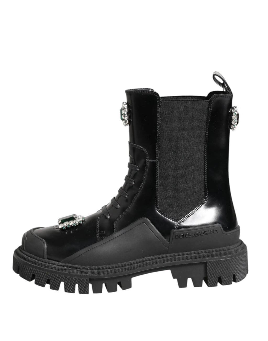 Botte chelsea noire en cuir brillant dolce & gabbana avec embellissements en cristal argenté et semelle gomme épaisse