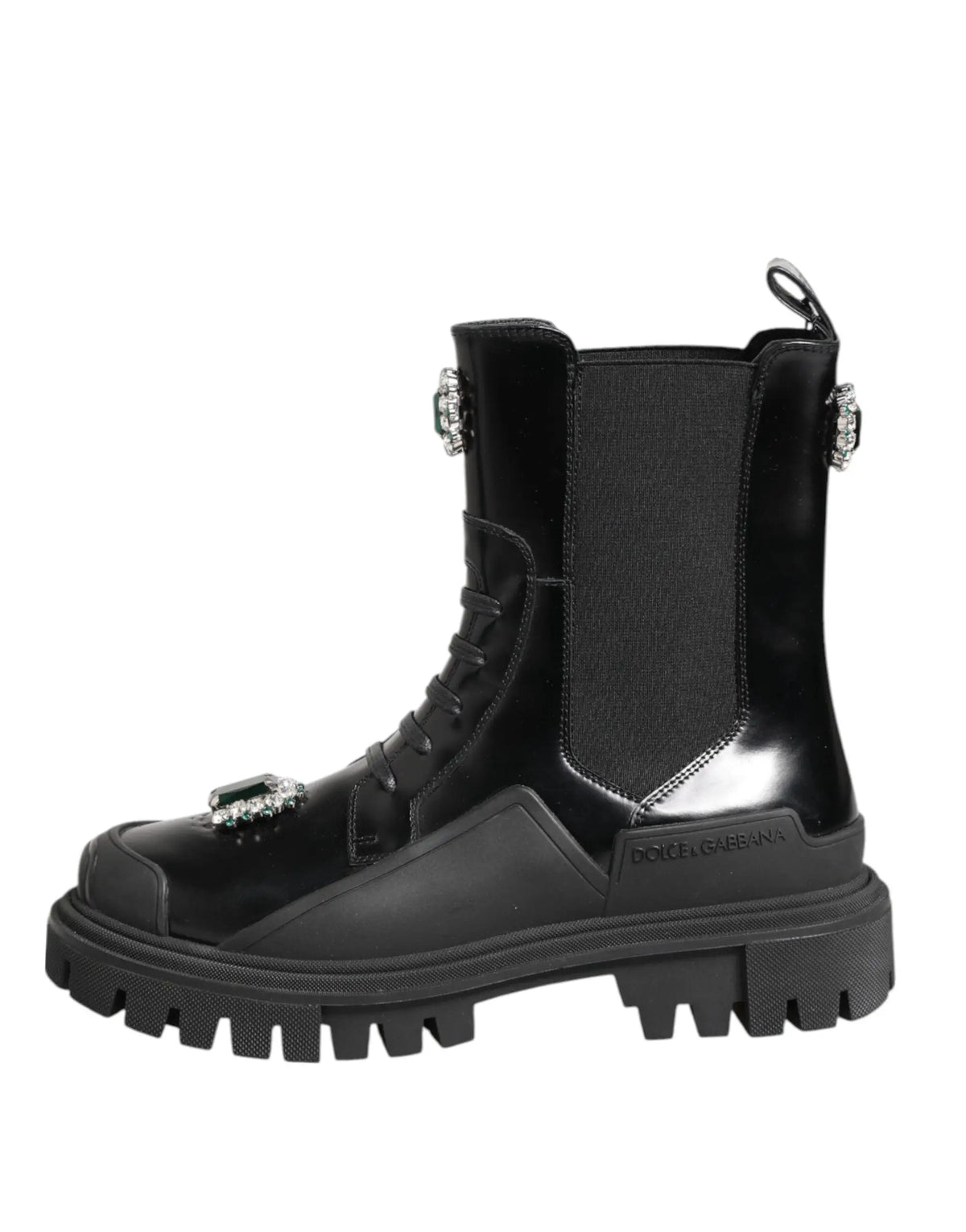 Botte chelsea noire en cuir brillant dolce & gabbana avec embellissements en cristal argenté et semelle gomme épaisse
