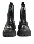Dolce & Gabbana bottes de combat en cuir verni noir ornées de cristaux verts et éclats sur la tige et le bout