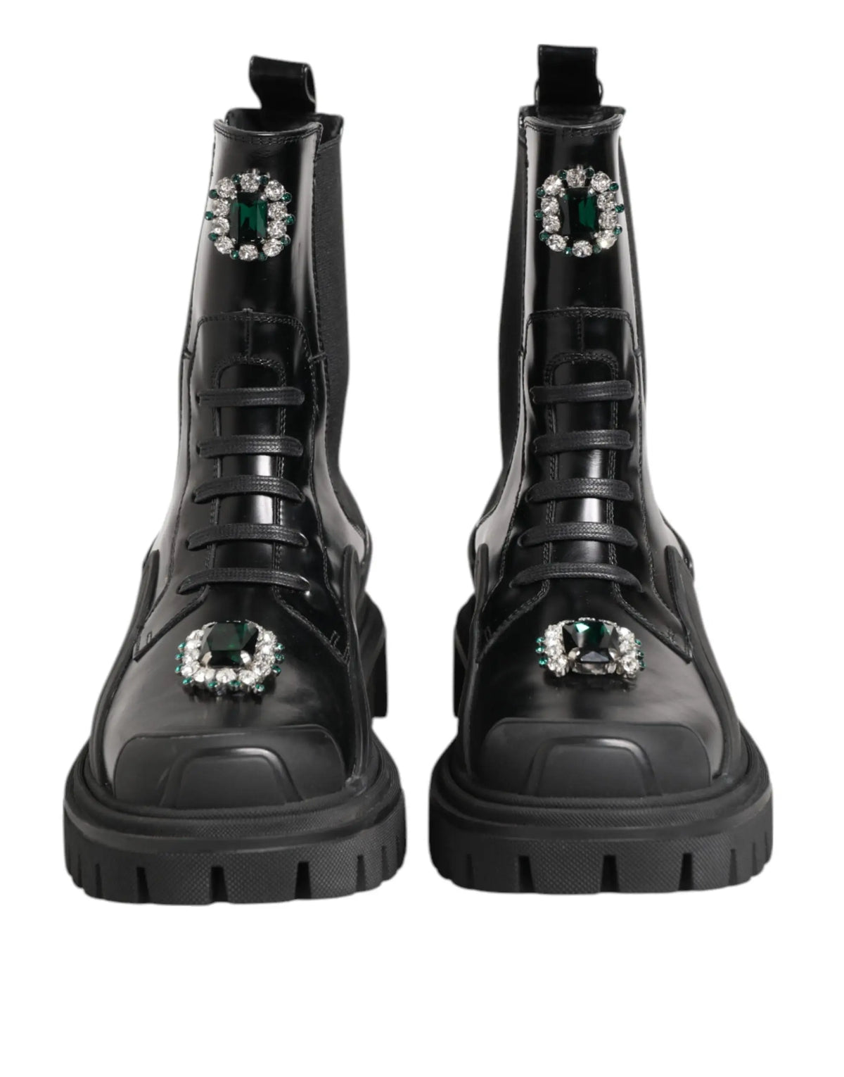 Dolce & Gabbana bottes de combat en cuir verni noir ornées de cristaux verts et éclats sur la tige et le bout