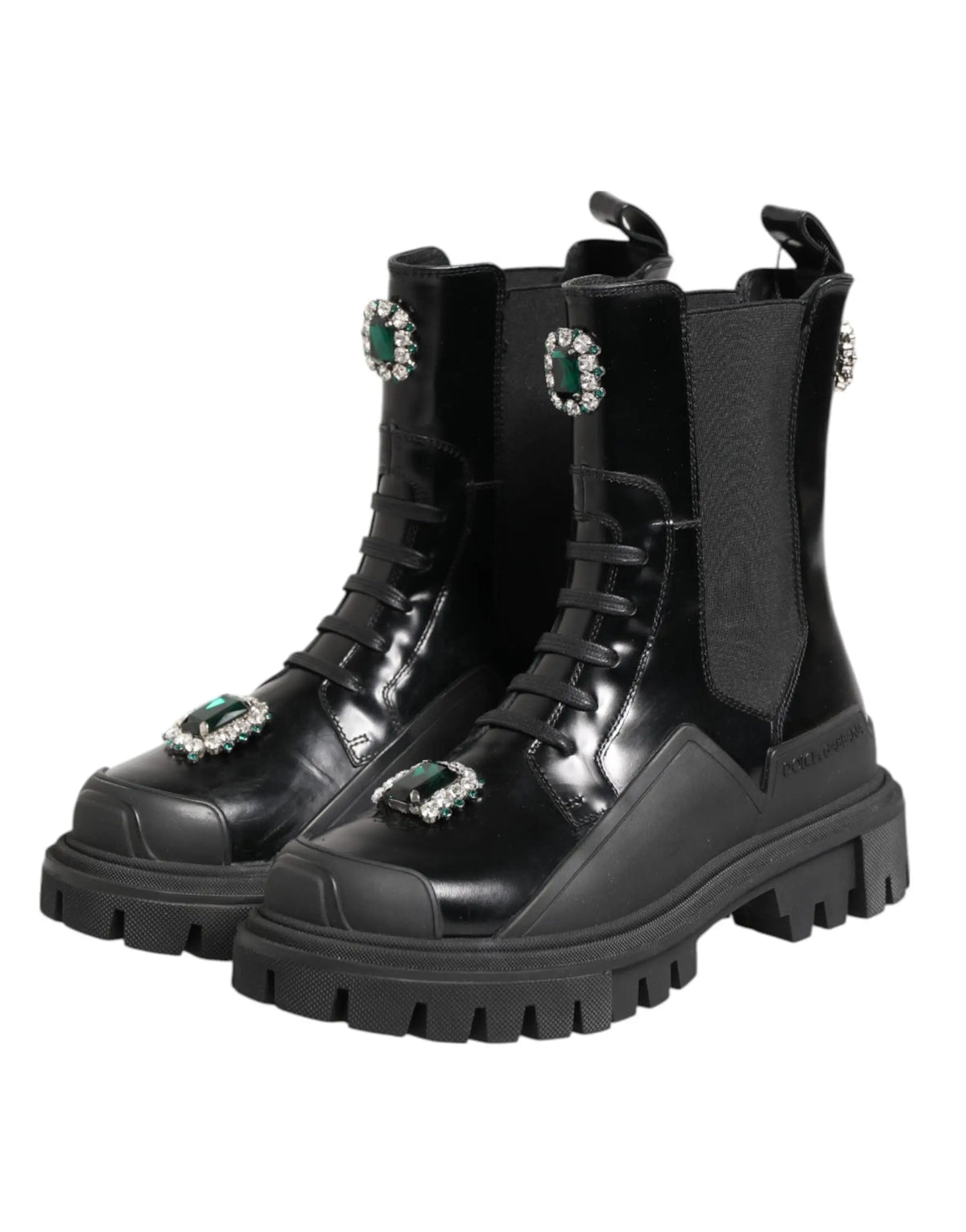 Dolce & Gabbana bottes combat noires en cuir verni avec embellissements émeraude et cristal sur la pointe et la cheville