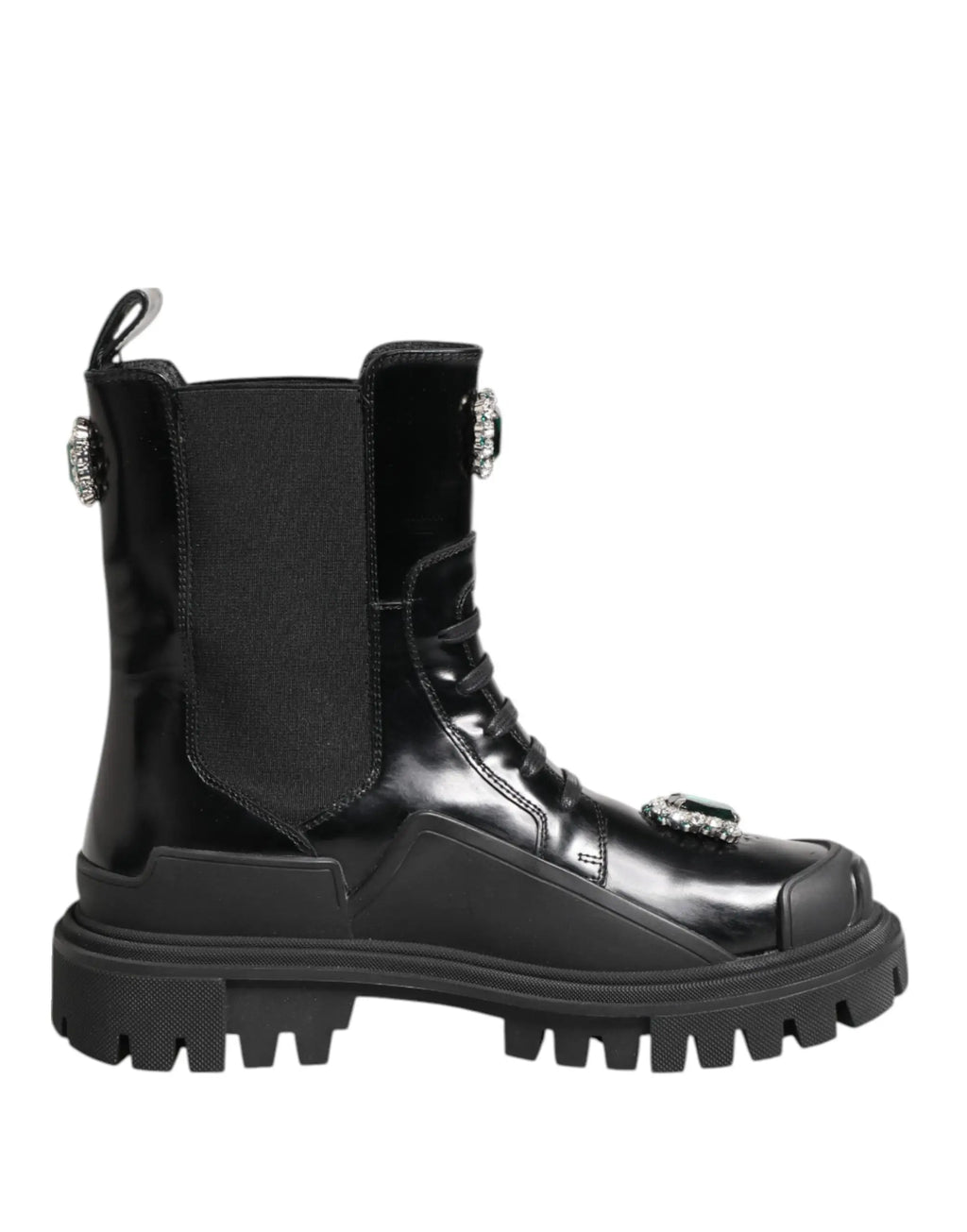 Dolce & Gabbana bottes combat en cuir verni noir avec crânes argentés et semelle en caoutchouc épaisse