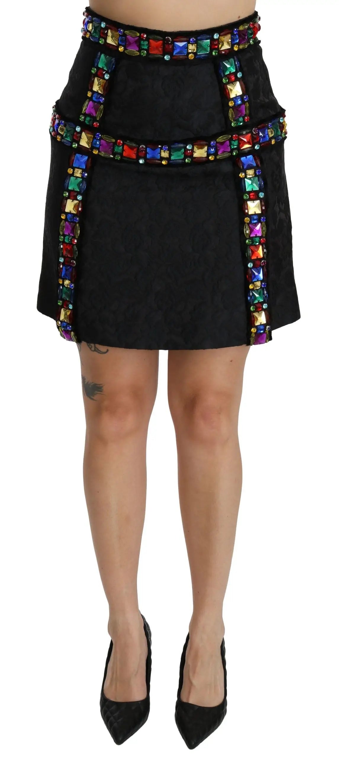 Mini-jupe noire dolce & gabbana haute taille ornée de cristaux carrés multicolores le long de la taille et des coutures côtés