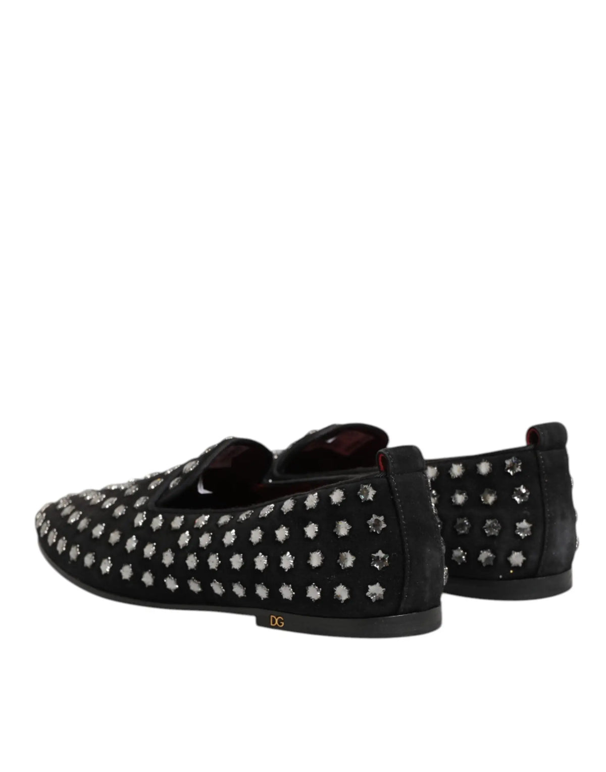 Dolce gabbana mocassins noirs en daim avec clous étoiles argentés et logo dg doré au talon vue arrière
