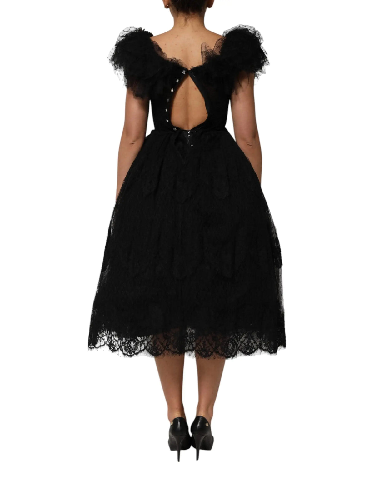 Robe midi noire dolce & gabbana en dentelle avec manches bouffantes et dos nu ornée de cristaux