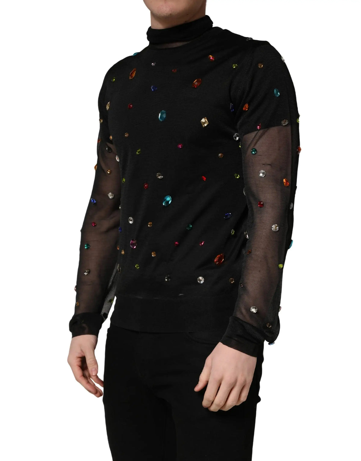 Pull dolce & gabbana noir col roulé avec manches longues transparentes et embellissements de cristaux colorés