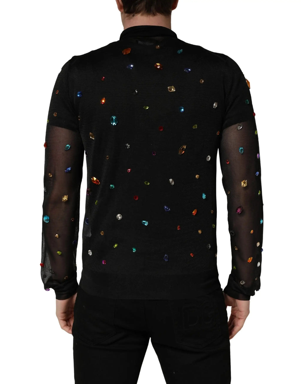 Dolce & gabbana pull col roulé noir en maille fine orné de cristaux colorés et manches longues transparentes