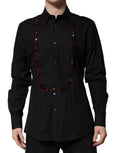 Chemise formelle pour homme dolce & gabbana noire en cristal avec collier rouge perlé drapé sur le devant