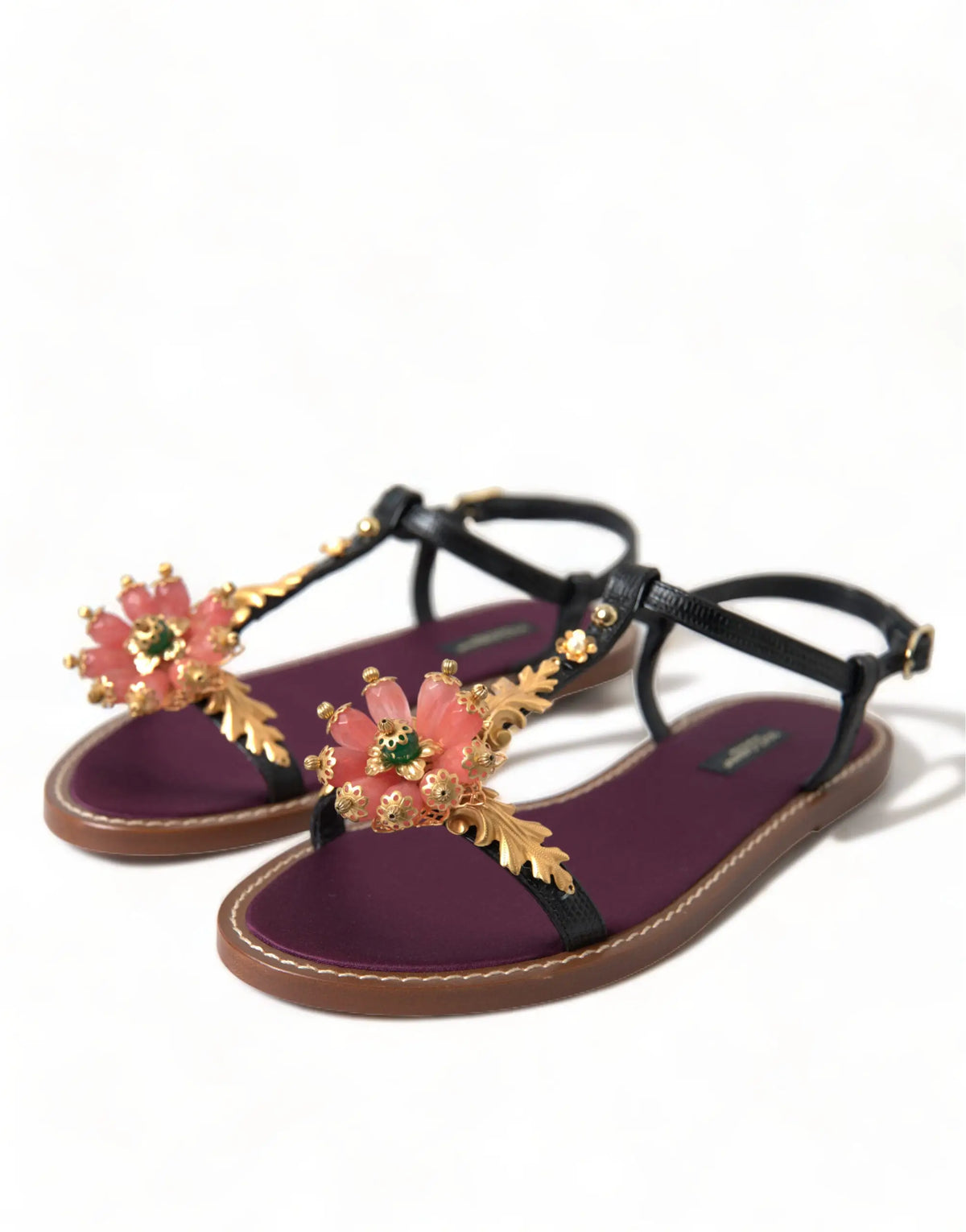 Sandales en cuir dolce & gabbana noires avec lanières noires et embellissements floraux roses dorés