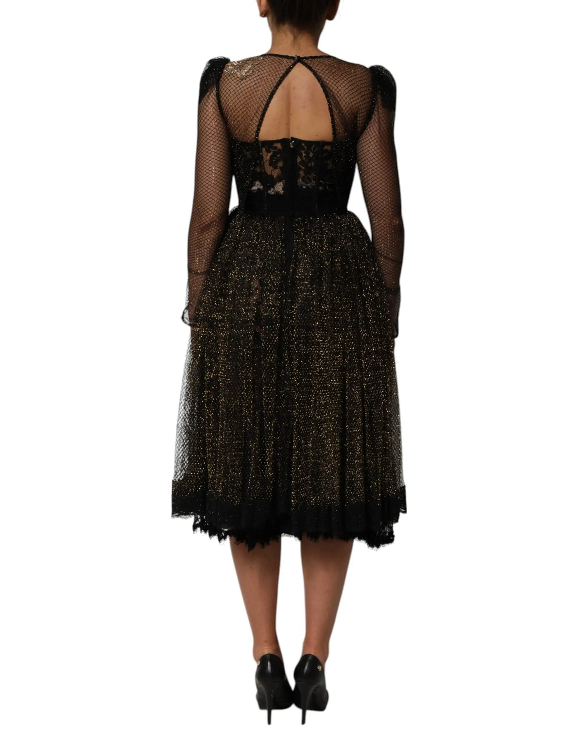 Robe noire dolce & gabbana en dentelle avec manches en tulle transparent et jupe texturée scintillante