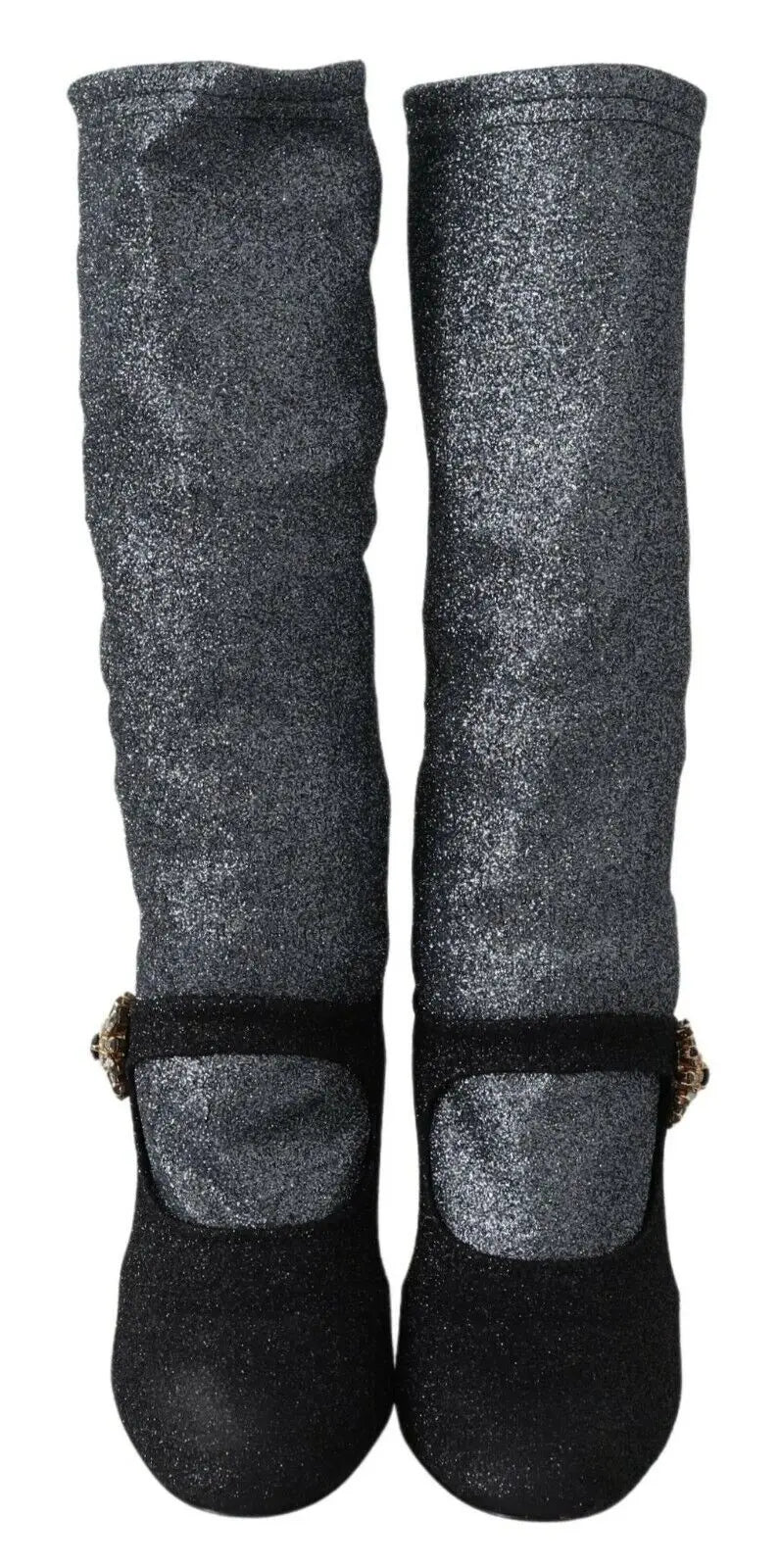 Bottes haute paillettes gris charbon brillant avec bout en suède noir et boucles dorées accessoires dolce & gabbana