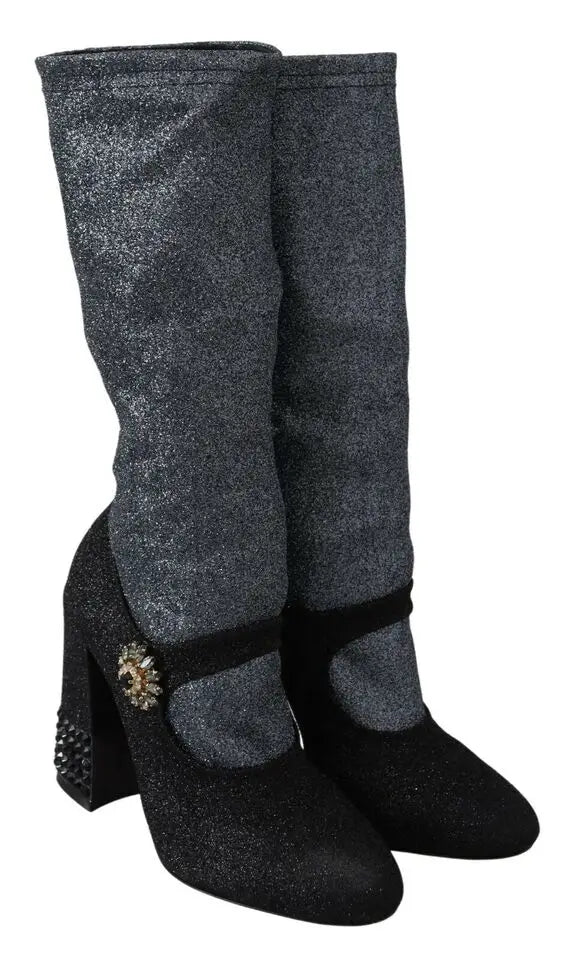 Dolce & gabbana bottines mary janes noires en cristal avec tissu gris texturé et broche florale ornée sur le côté