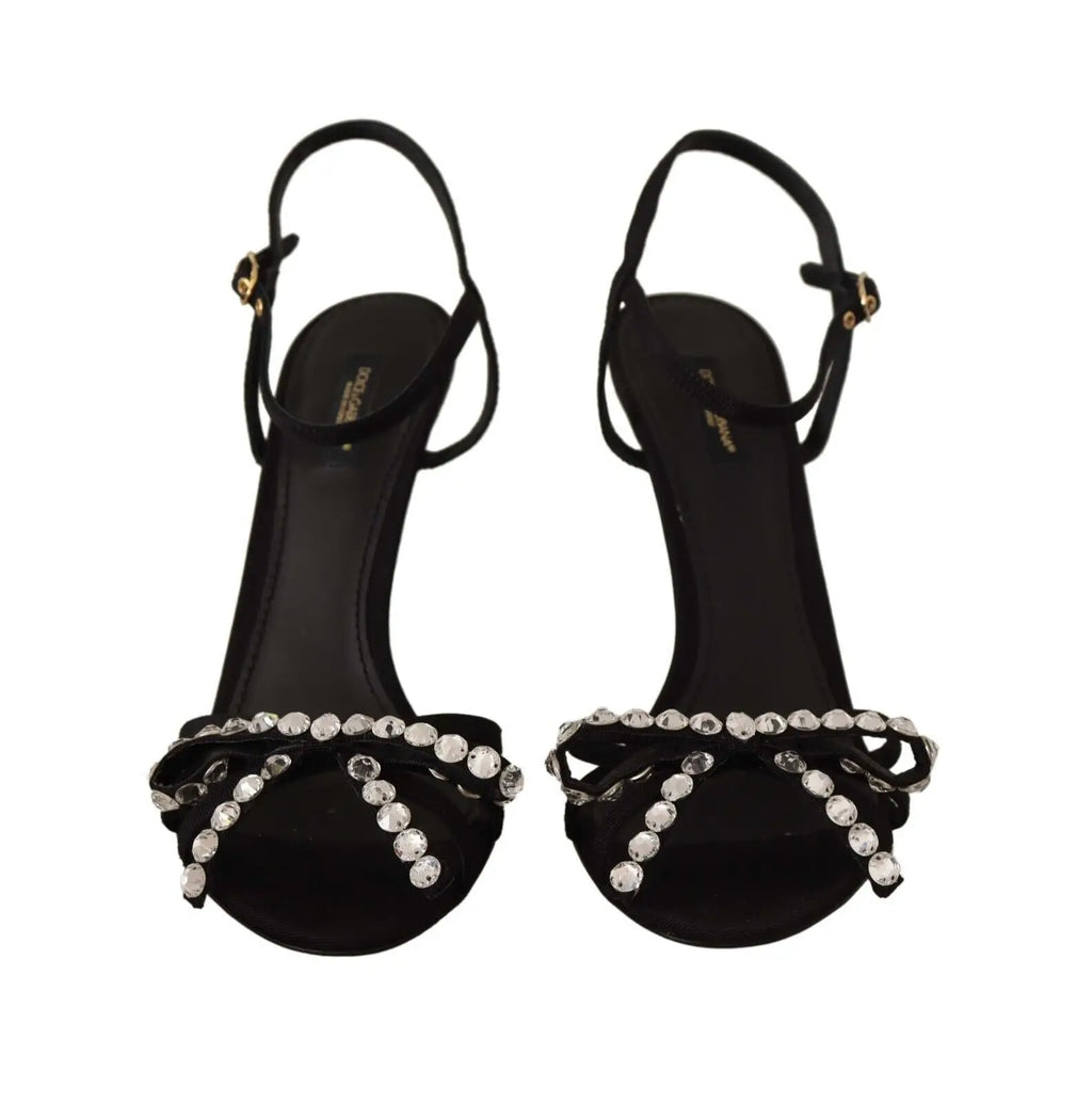 Sandales à talons dolce & gabbana noires en satin avec nœud orné de cristaux clairs et boucle dorée