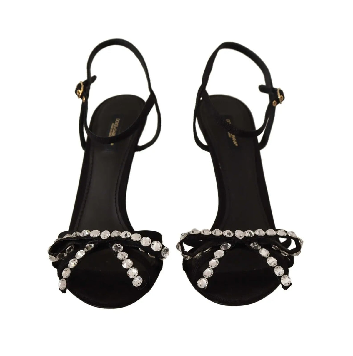 Sandales à talons dolce & gabbana noires en satin avec nœud orné de cristaux clairs et boucle dorée