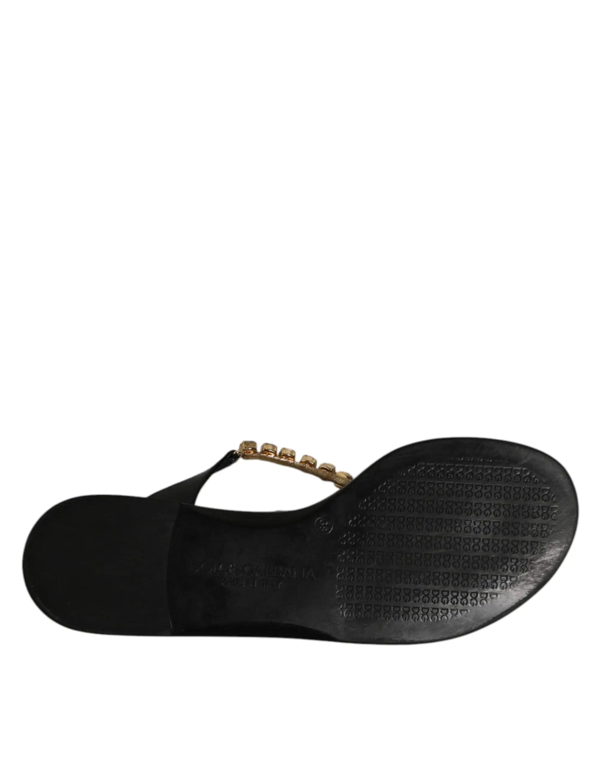 Sandales plates dolce & gabbana en cuir noir avec bride chaîne dorée et cristaux pour plage