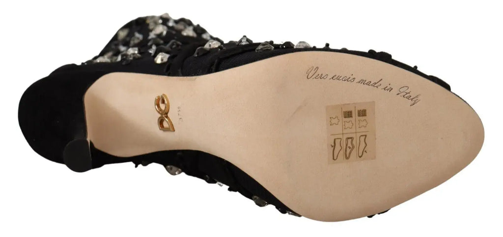 Dolce & gabbana bottines courtes à talons noirs avec cristaux scintillants et logo doré sur la semelle intérieure