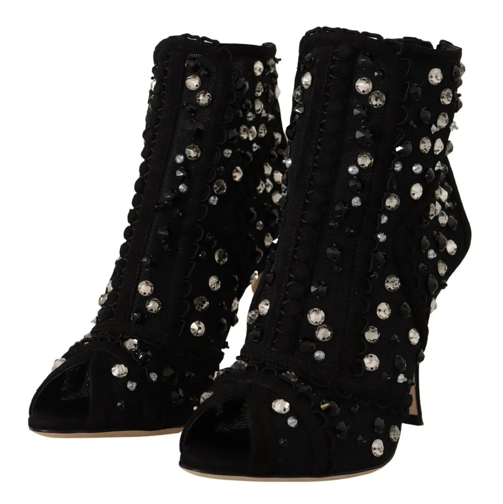 Dolce & gabbana bottines courtes en daim noir avec talons ornées de cristaux clairs et foncés sur les côtés et l’avant