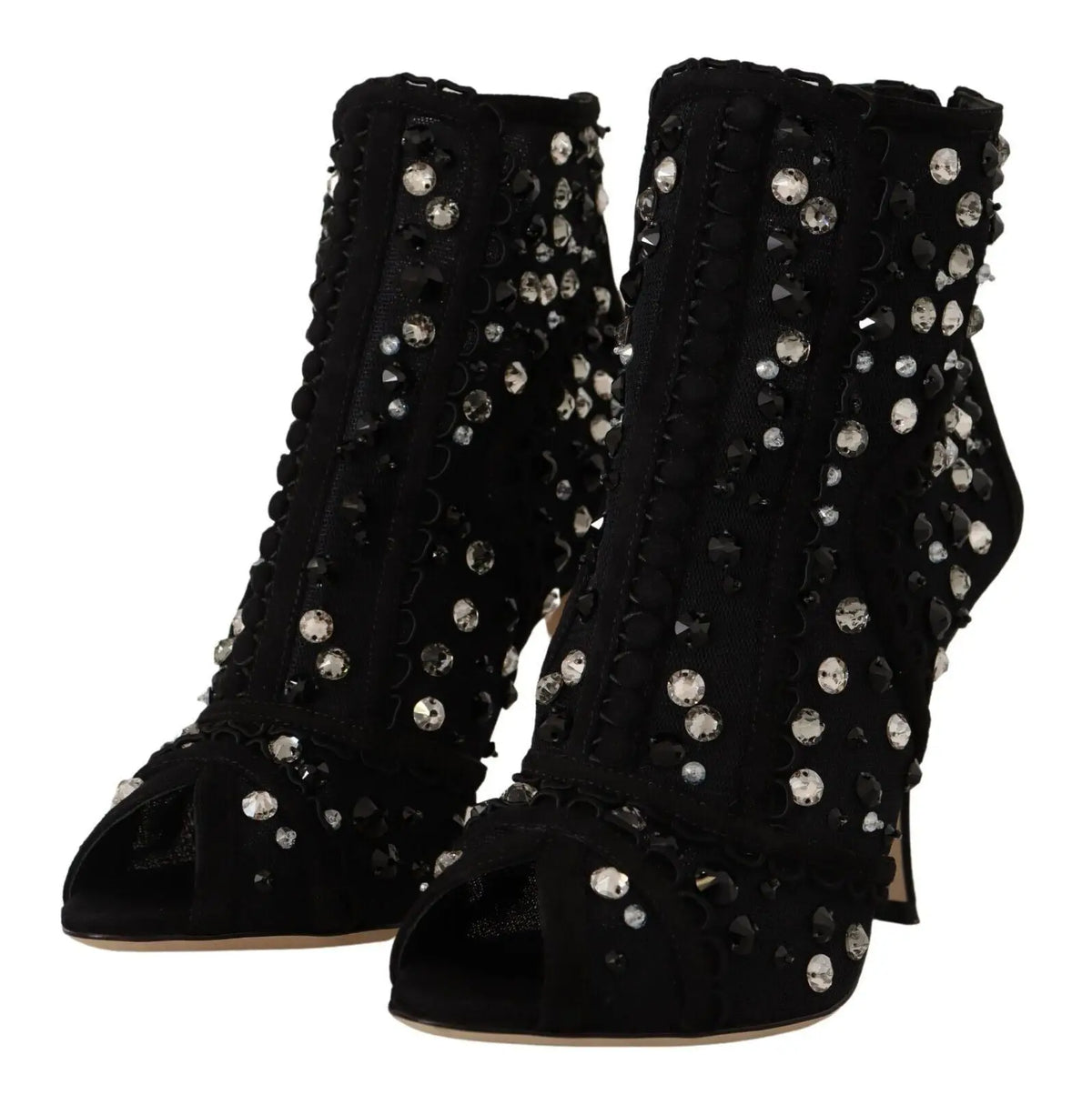 Dolce & gabbana bottines courtes en daim noir avec talons ornées de cristaux clairs et foncés sur les côtés et l’avant