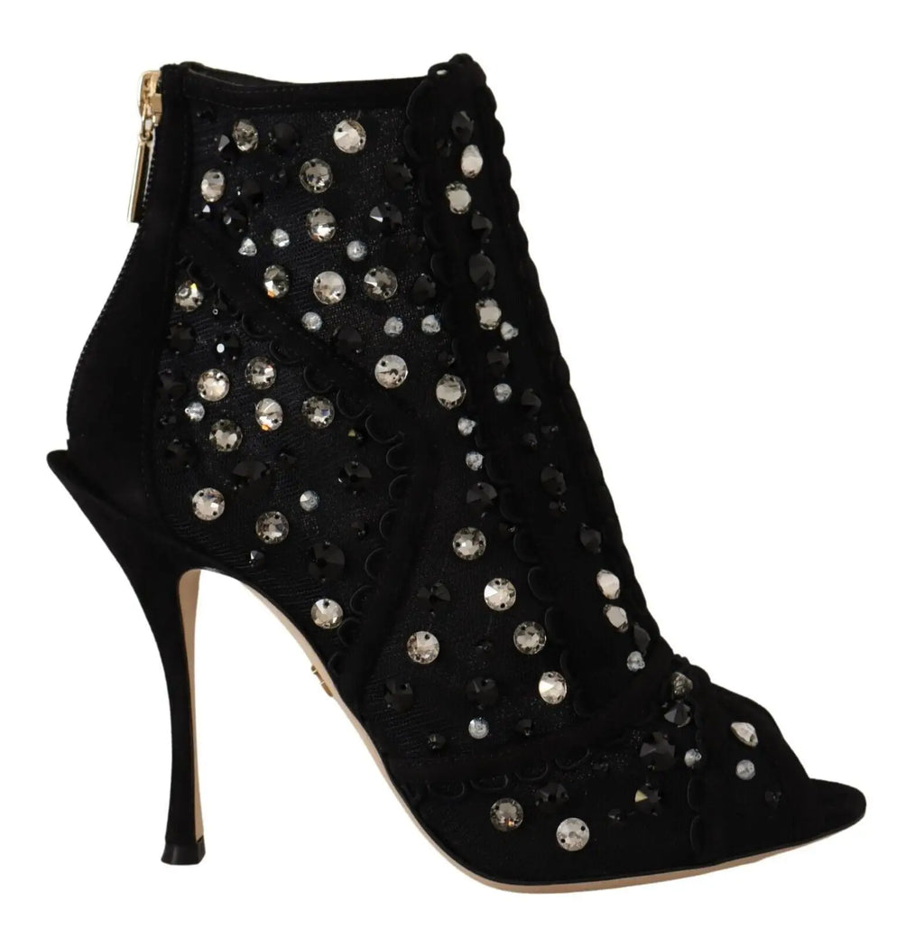 Bottine noire en daim dolce & gabbana avec talon aiguille haut et strass argentés et transparents répartis