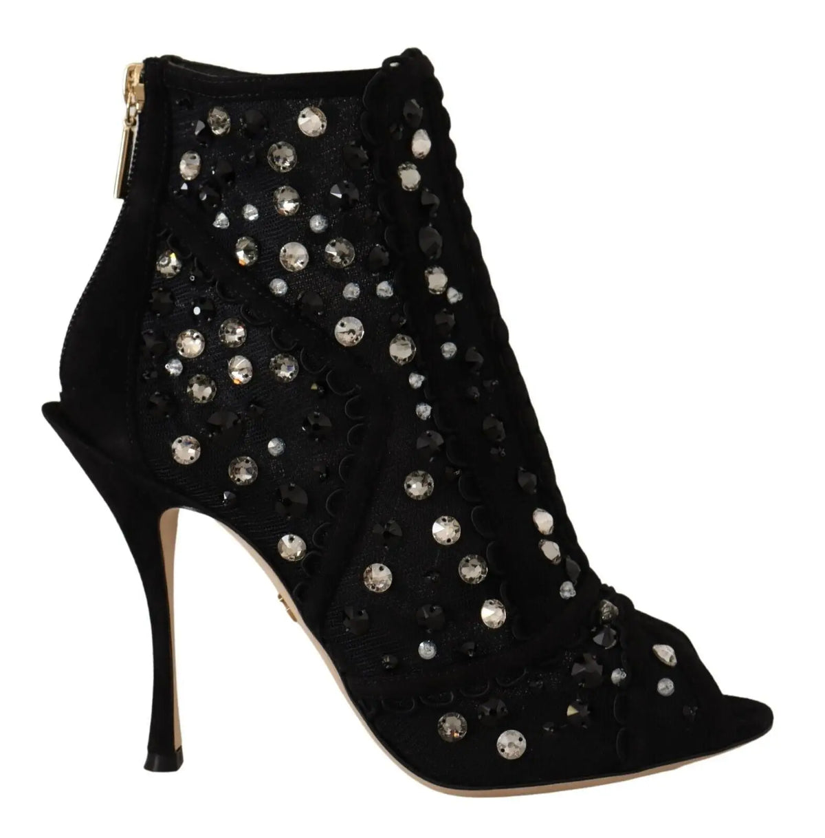 Bottine noire en daim dolce & gabbana avec talon aiguille haut et strass argentés et transparents répartis