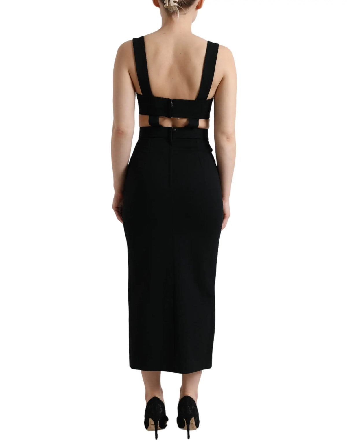 Robe midi noire dolce gabbana sans manches en tissu moulant avec découpe au dos et taille haute