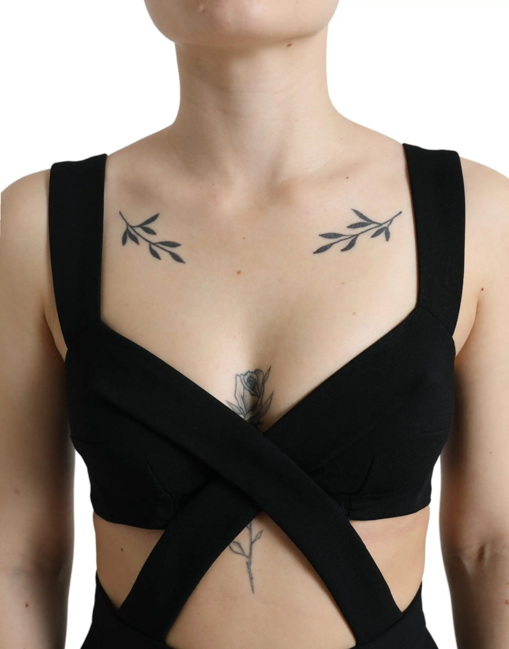 Dolce & gabbana robe midi noire bodycon sans manches en tissu découpé avec top court noir croisé et tatouages délicats