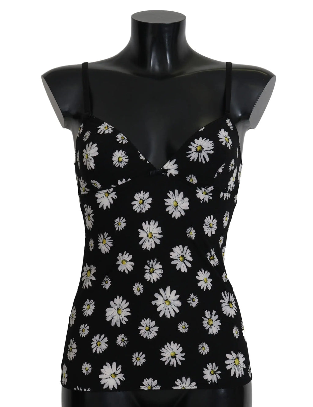 Dolce & gabbana chemisole lingerie noire à fines bretelles avec imprimé marguerite blanche
