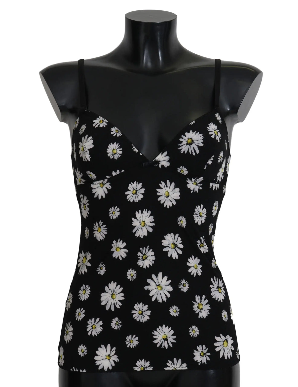 Dolce & gabbana chemisole lingerie noire à fines bretelles avec imprimé marguerite blanche