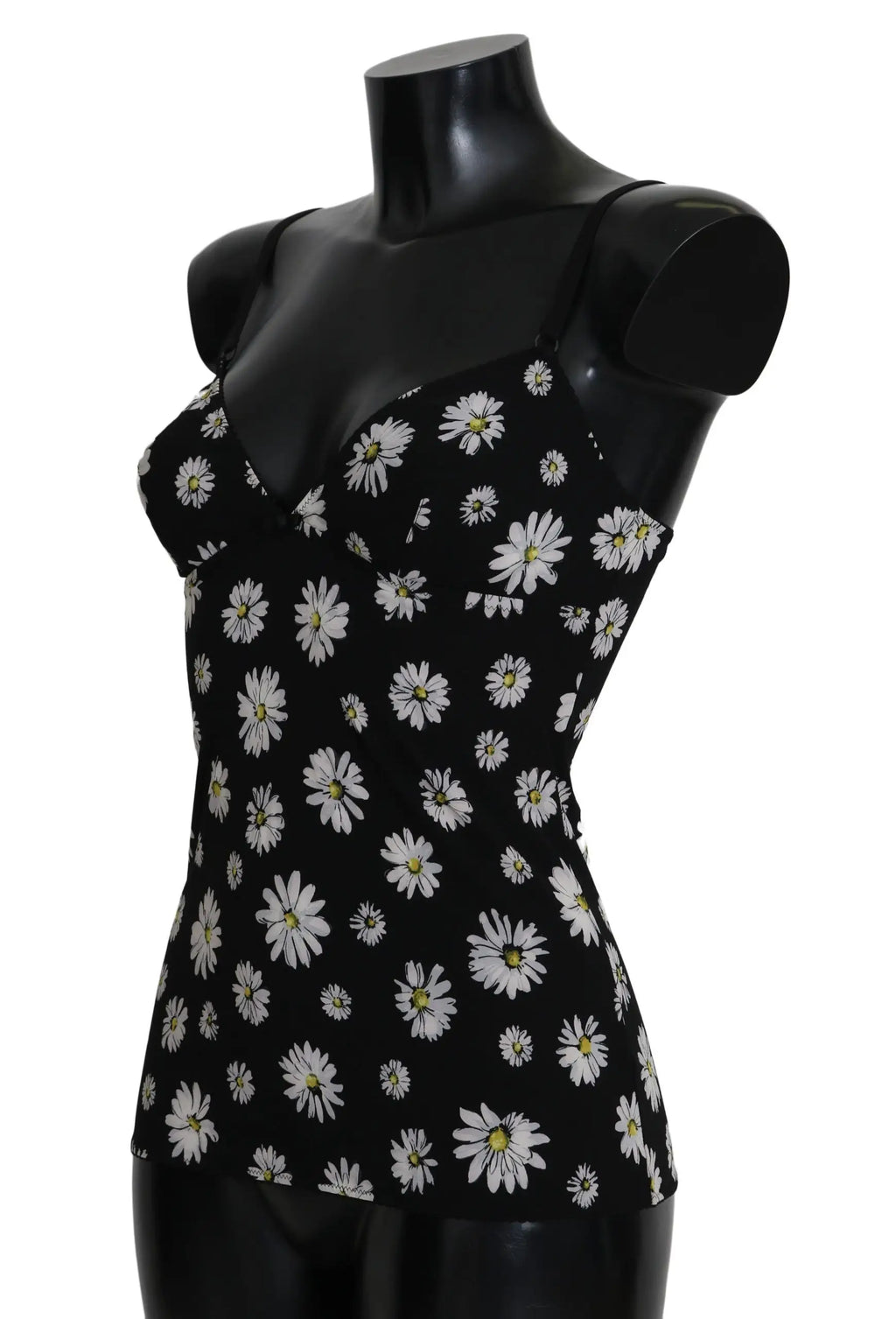 Top lingerie Dolce & Gabbana noir à bretelles fines avec imprimé marguerite blanc