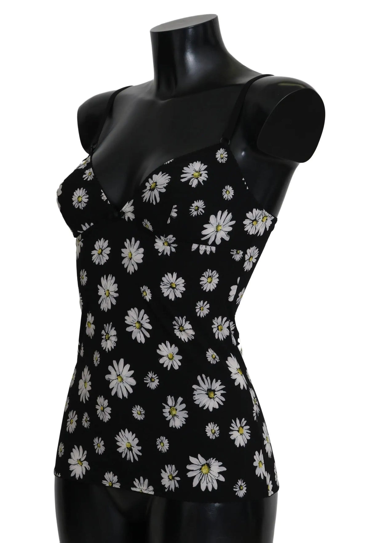 Top lingerie Dolce & Gabbana noir à bretelles fines avec imprimé marguerite blanc