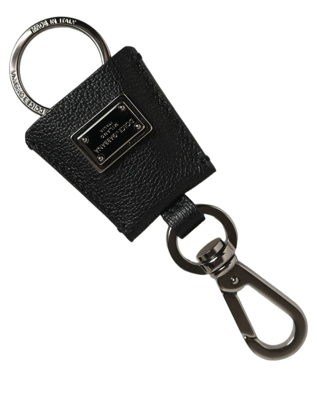 Porte-clés noir en cuir dauphine dolce & gabbana avec plaque logo métal argenté et fermoir en métal