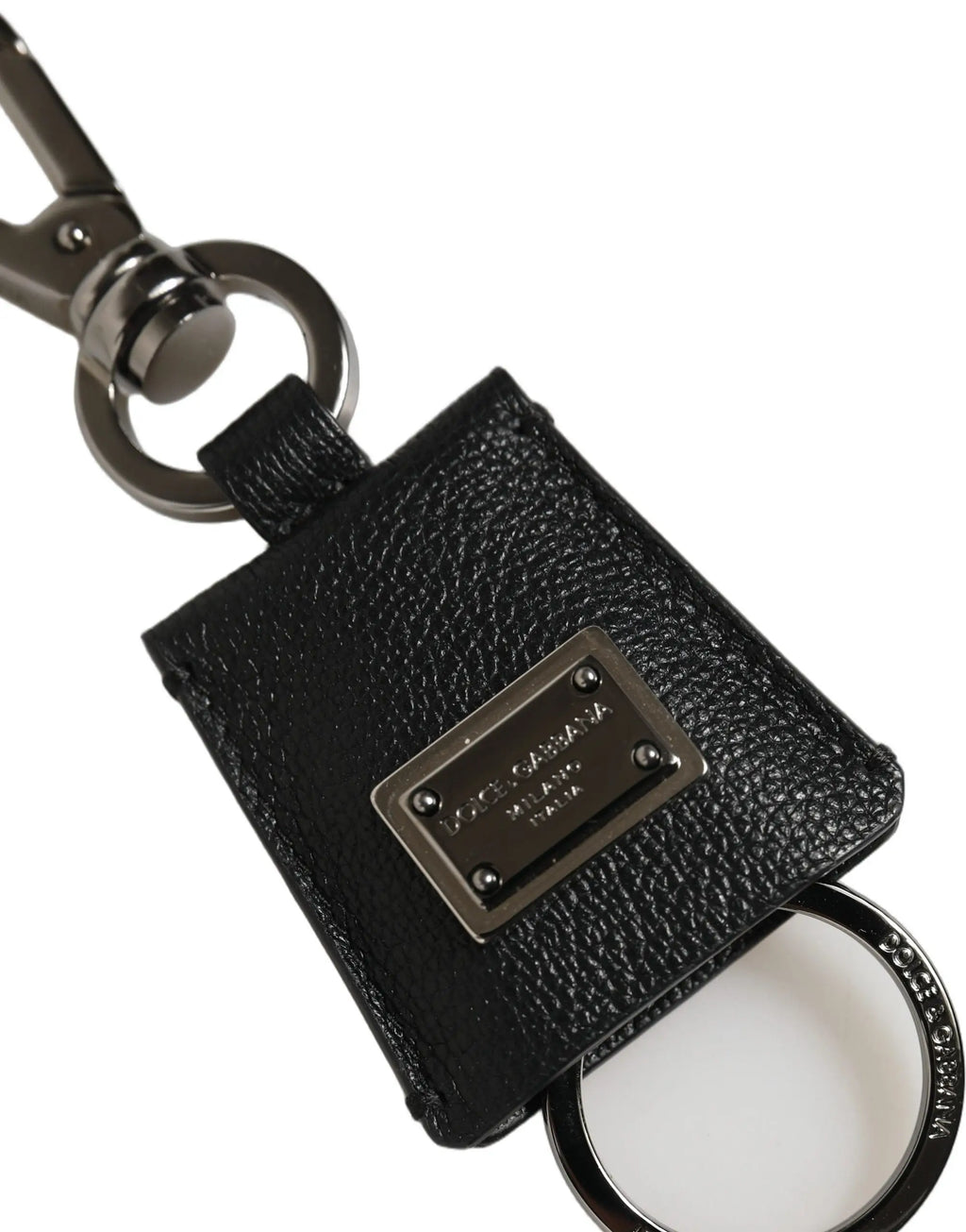 Porte-clés noir en cuir dauphine texturé dolce & gabbana avec plaque logo en métal argenté et anneau circulaire