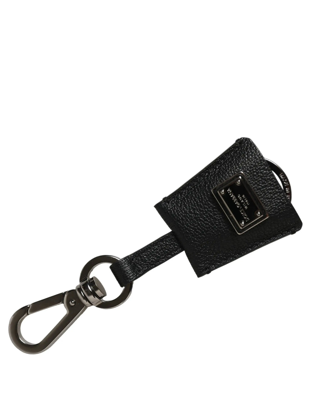 Keychain en cuir noir texturé dolce et gabbana dauphine avec plaque logo en métal argenté et fermoir métallique