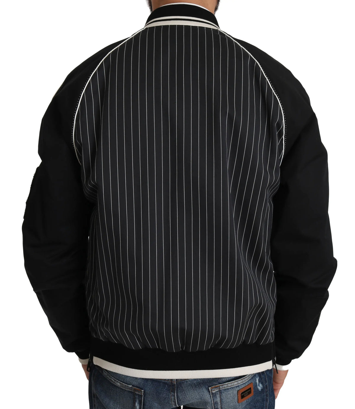 Veste bomber negro à fines rayures blanches verticales avec bord blanc contrastant dolce gabbana dd58 sg62 sequins et perles