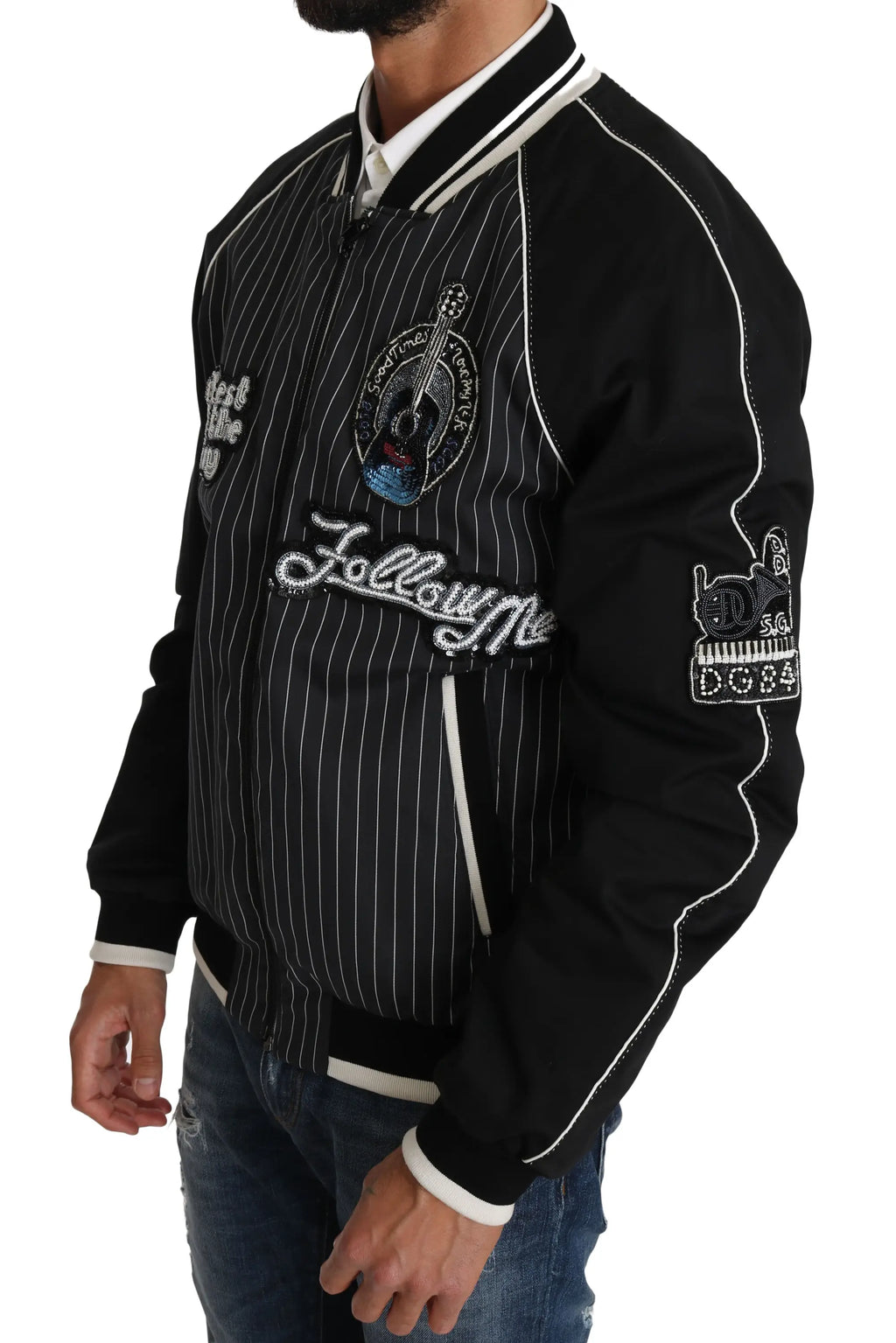 Dolce & gabbana veste bomber noire à fines rayures avec bordure blanche et patchs brodés sequins et perles