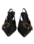 Dolce & gabbana black devotion quilted leather slingback heels with gold-tone buckles and pearl accents