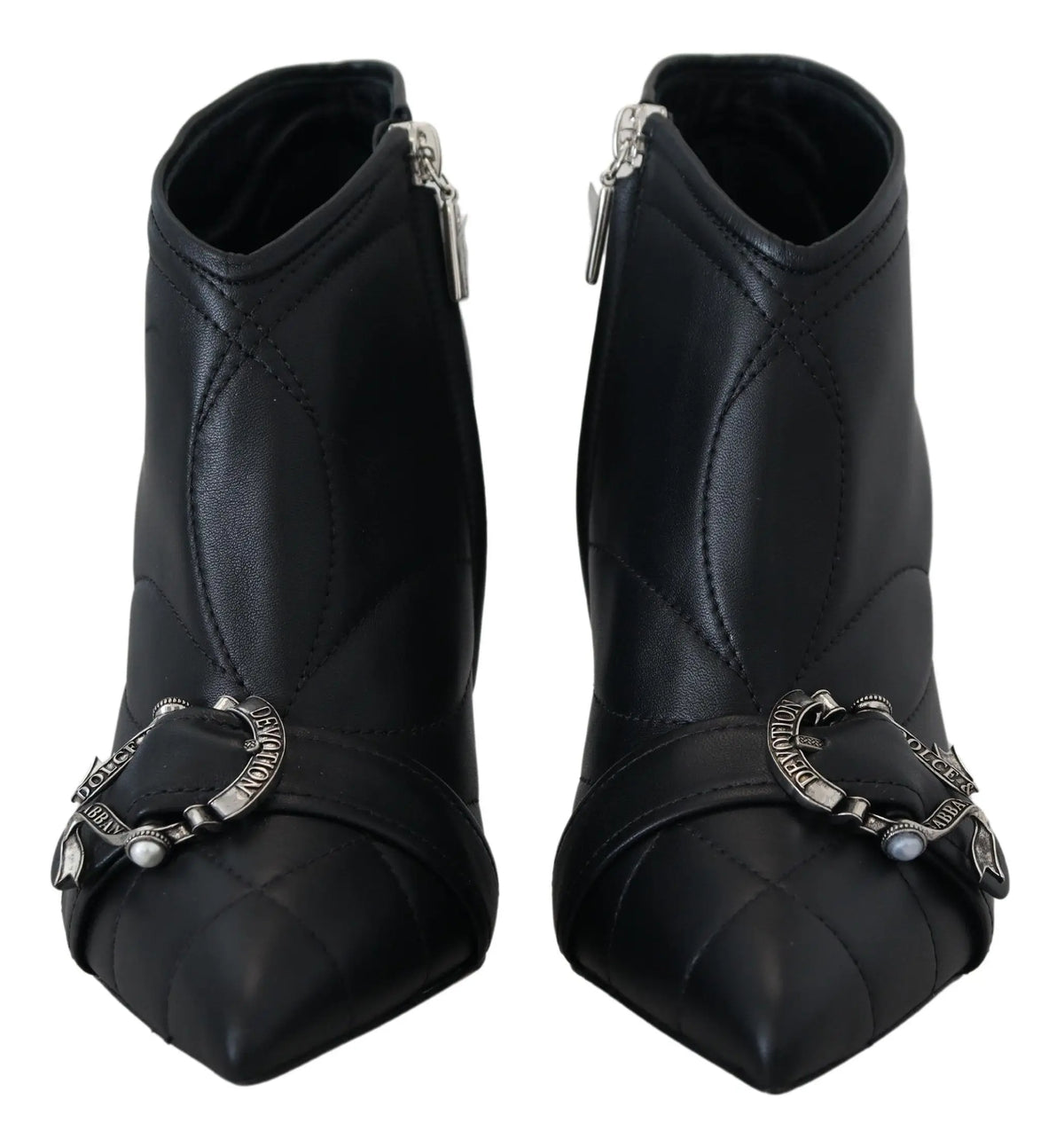 Bottines dolce & gabbana black devotion en cuir noir avec boucles métalliques argentées gravées et perle accentuée