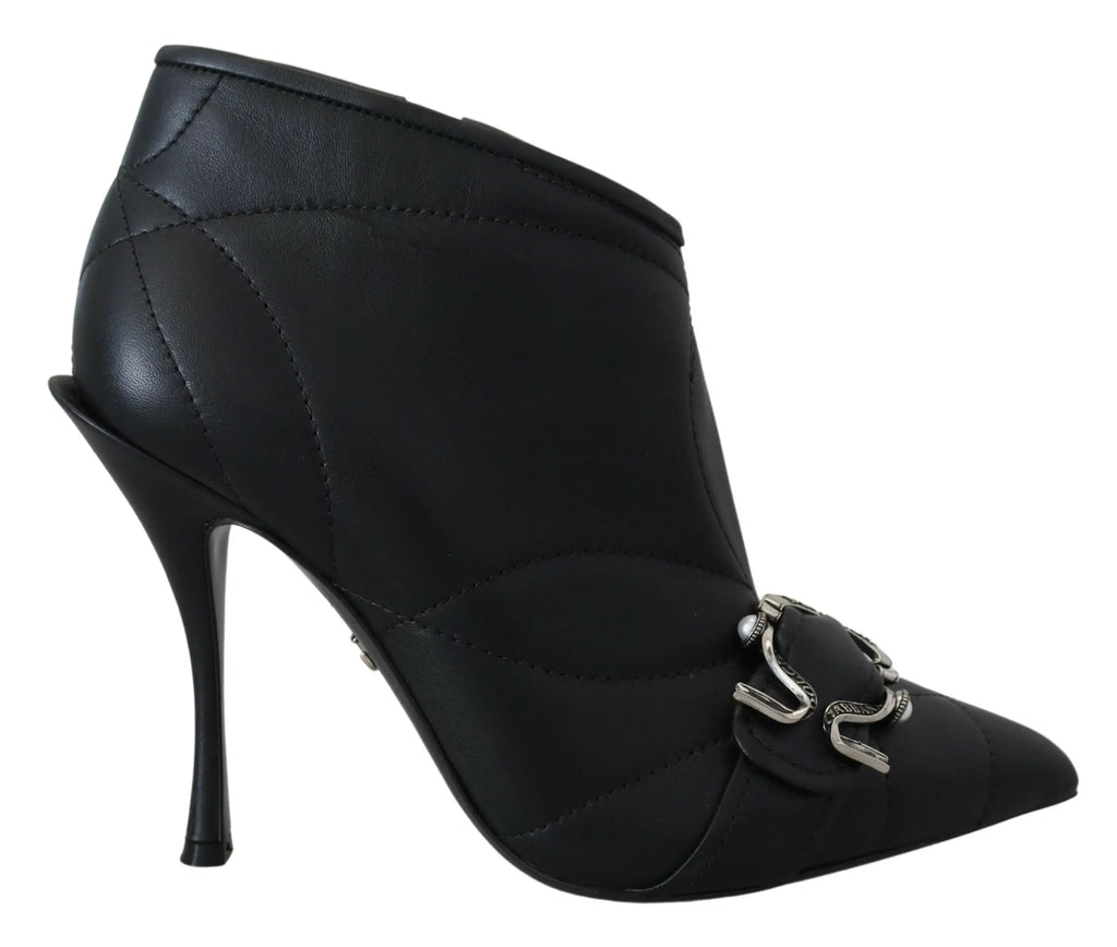 Bottine noire en cuir dolce gabbana devotion avec boucle chaîne argentée et talon haut fin