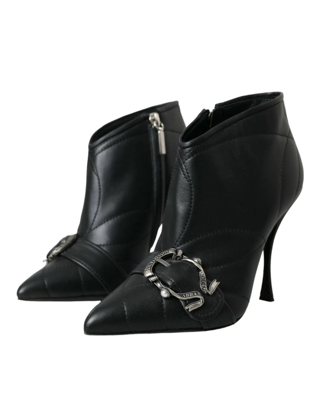 Bottes noires en cuir dallas & gabbana devotion avec motif matelassé et boucles en métal argenté