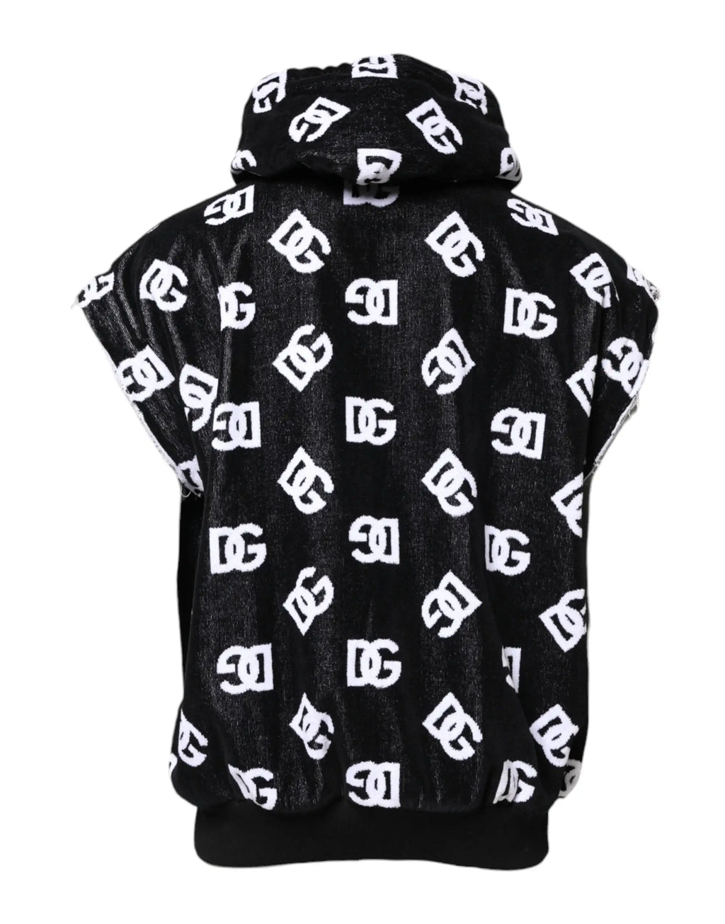 Dolce & gabbana black dg cotton hooded sleeveless sweater with textured knit fabric and white logo print