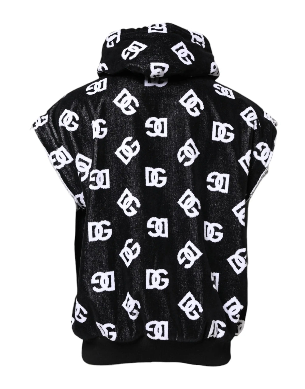 Dolce & gabbana black dg cotton hooded sleeveless sweater with textured knit fabric and white logo print